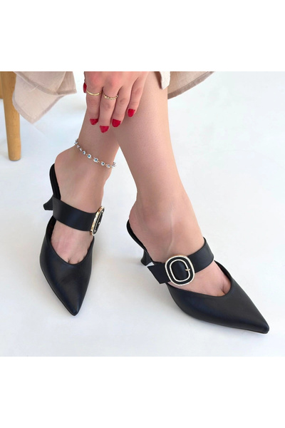 ALFA AKSESUAR 03 Yote Black Skin Heeled Slippers