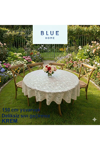 Blue Home Round Lace Look Pvc Oilcloth Kitchen Table Cloth Liquid Proof Wipeable / Size: 150 cm