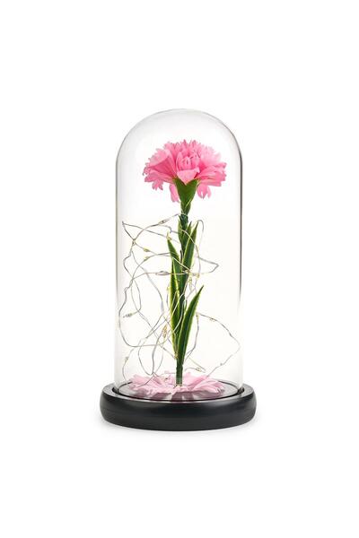 Onuvio Garoafă artificială, sub cupolă de sticlă cu lumini LED și bază ABS, lucrată manual, 20cm X 9cm - Roz