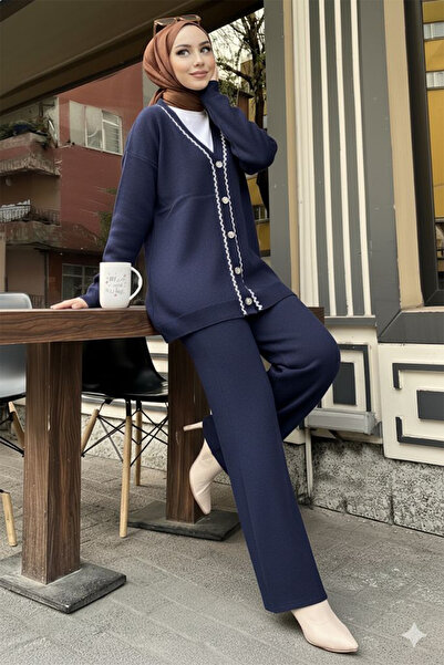 Cherry Butik Tunică Cardigan cu nasturi Pantaloni Set de tricotaje cu pantaloni