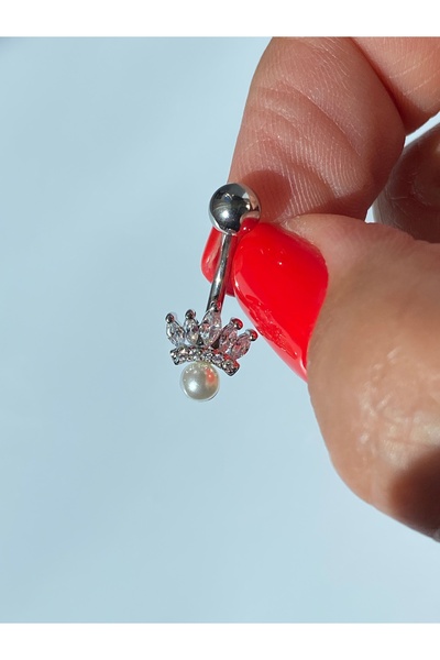 kurukafagift Çelik Göbek Piercing Taç Figürlü İncili ve Zirkon Taşlı Gümüş Renk Minimal