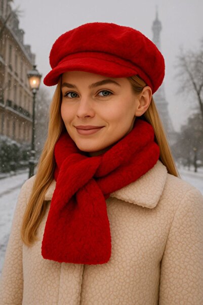 MARBERRY Red Soft Textured Plush Women's Beanie Hat and Neck Warmer Set of 2