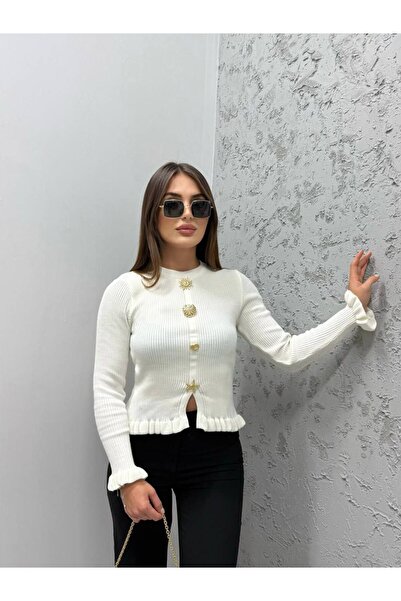 STL Altın Düğme Detaylı Volanlı Triko