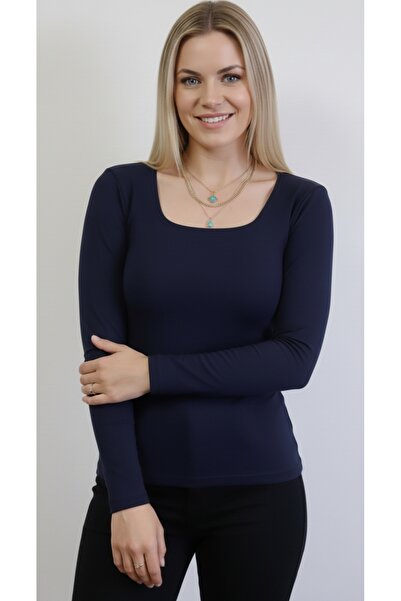 moda felinya Women's Navy Blue Square Neck Long Sleeve Bodysuit