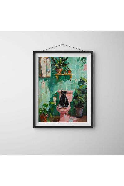 Bathroom Cat – Tablo Ölçülerinde Çerçevesiz Poster – Banyoda Oturan Siyah Kedi Tablosu