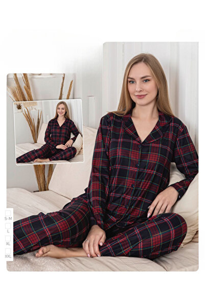 İpek Women's Long Sleeve Front Button Plaid Pattern Pajama Set