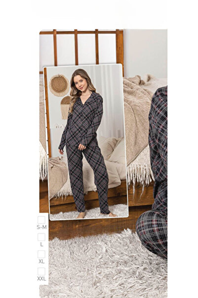 İpek Women's Long Sleeve Front Button Plaid Pattern Pajama Set