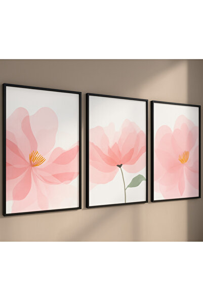 NT Handmade Laminated Framed Pvc Protected 3-Piece Pink Floral Pattern Uv Printing Mdf Wall Painting Set