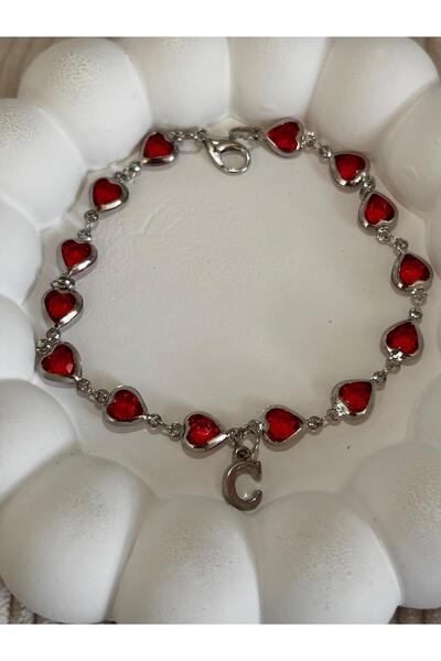 bijoux uniques سوار نسائي بحرف C على شكل قلب أحمر