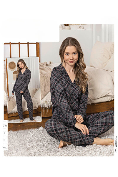 İpek Women's Long Sleeve Front Button Plaid Pattern Pajama Set