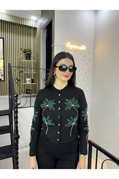Butik Siyah Taşlı boncuklu palmiye işlemeli çelik triko gold düğmeli hırka 49...