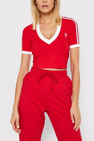 adidas Women's T-Shirt Top, Originals, V-Neck, Red, Cotton