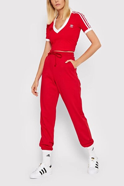 adidas Women's T-Shirt Top, Originals, V-Neck, Red, Cotton