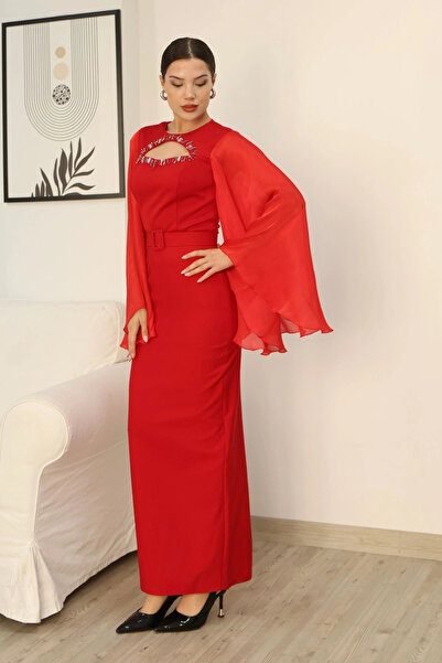 lodmela Low-Cut Embroidered Cape Sleeve Evening Dress 2349-Red