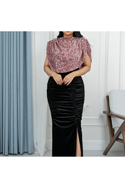 Nice Model Black velvet evening dress with a pink sequined top – a luxurious design for special occasions