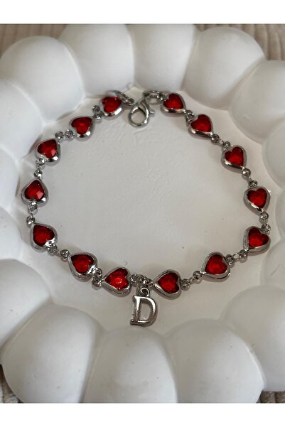 bijoux uniques سوار نسائي بحرف D على شكل قلب أحمر