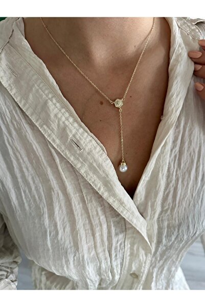 Charmist 14K Çelik Üzeri Altın Kaplama İnci Detay Y Kolye