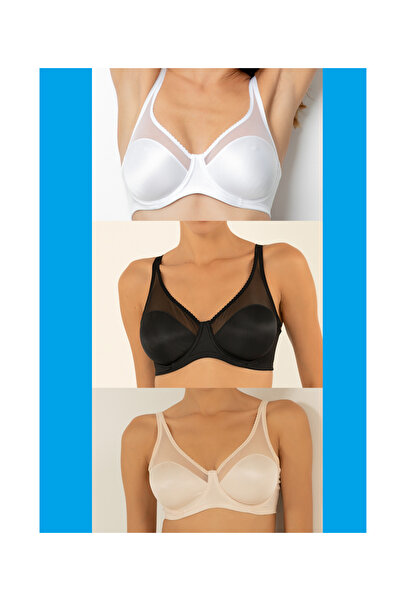 Doremi Minimizer Tulle Detailed Unpadded Shaping / Sculpting Bra Set of 3 Black White Skin