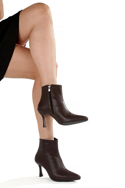 MİNNACE بوت نسائي جلد بني بمقدمة مدببة 9 سم كعب رفيع بسحاب للموسم الجديد