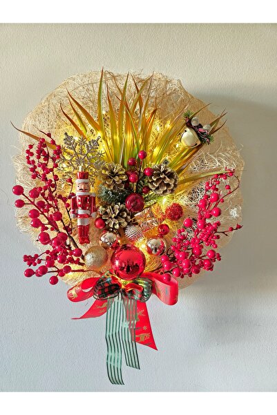 Decoroon Işıklı Yılbaşı Duvar ve Kapı Süsü – El Yapımı Kırmızı & Altın Noel Dekoru