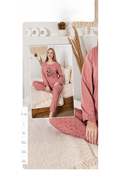 İpek Women's Long Sleeve Crew Neck Heart Pattern Cotton Pajama Set