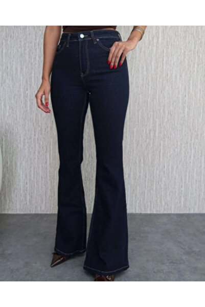 deqfashion Women's Dark Navy Blue High Waist Flared Jeans