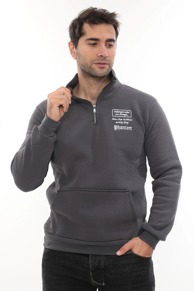 PHANTOM JEANS Ανδρικό φούτερ από βαμβάκι με καπνιστό στάνταρ κοψίματος κανονικής εφαρμογής με φλις εσωτερικά και μισό φερμουάρ και όρθιο γιακά Bato