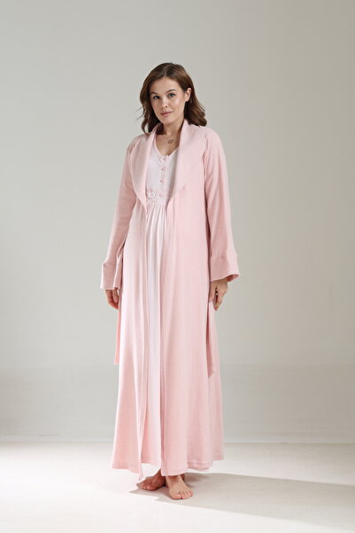 PREGNANT WORLD Women's Pink Special Design Jacquard Long Sleeve Full Length Winter Maternity Dressing Gown Nightgown Set