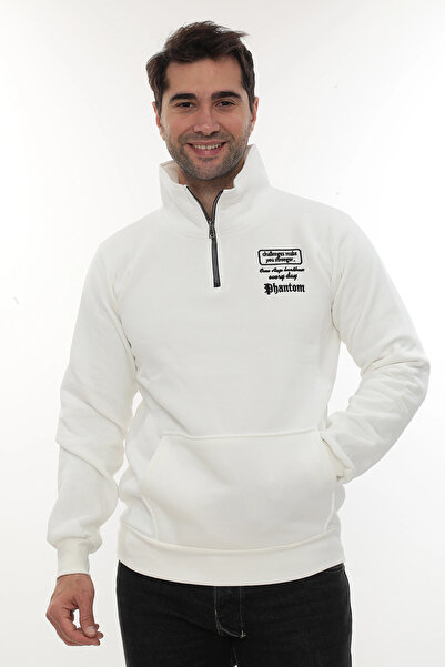 PHANTOM JEANS Ανδρικό λευκό φούτερ με κανονική εφαρμογή και κορδόνι με μισό φερμουάρ, βαμβακερό γιακά και επένδυση από φλις