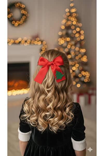 Toka Perisi Red Pine Tree Patterned Satin Ribbon Bow 6cm with Metal Clip