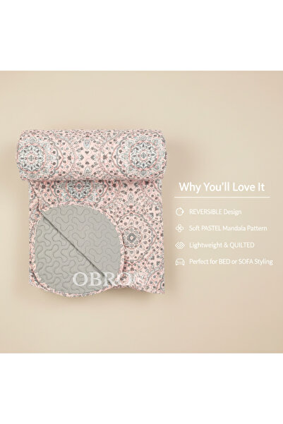 OBRO Reversible Bedspread – Pastel Mandala, Quilted & Durable, for Bed or Sofa, 160×230 cm, Pink / Grey