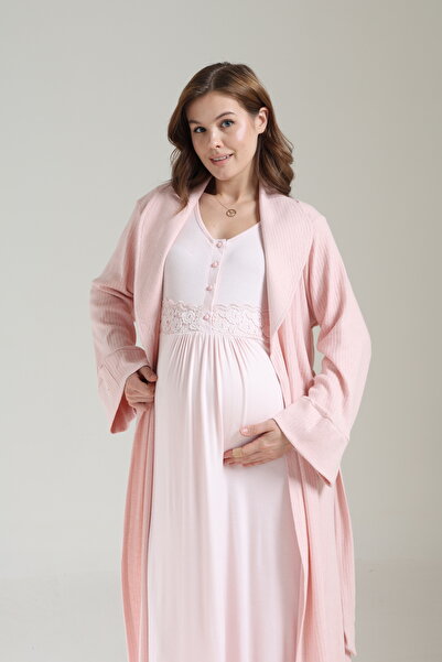 PREGNANT WORLD Women's Pink Special Design Jacquard Long Sleeve Full Length Winter Maternity Dressing Gown Nightgown Set