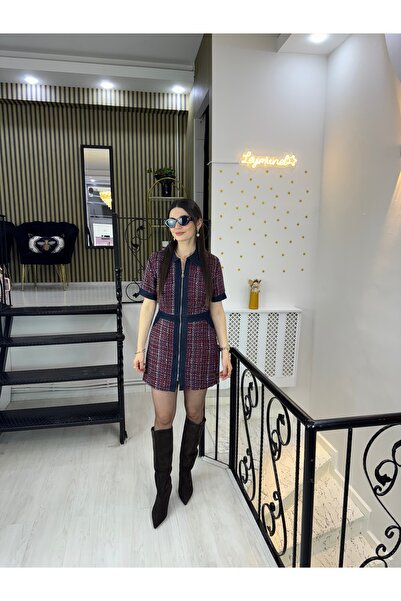 Butik Bordo kot yaka fermuarlı örme astarlı örgü desenli tüvit kısa elbise