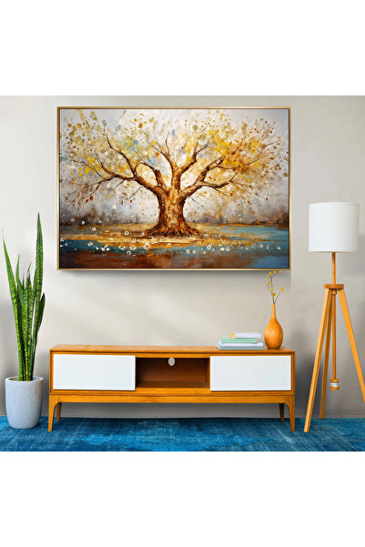 EMYA HOME Premium Gold Metal Çerçeveli Ağaç Cam Tablo