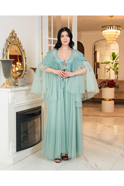 Limas lingerie روب صباحي طويل من قطعتين مصنوع من التول مع تفاصيل حجرية بتصميم خاص