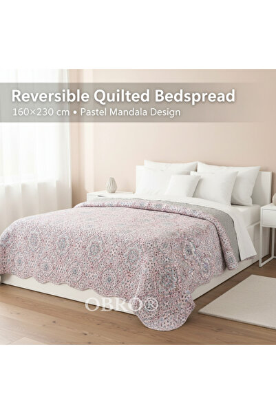 OBRO Reversible Bedspread – Pastel Mandala, Quilted & Durable, for Bed or Sofa, 160×230 cm, Pink / Grey