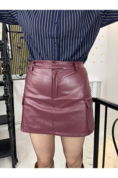 Butik Bordo parlak deri yandan iki kargo cepli kemer yerli fermuarlı kanca ka...