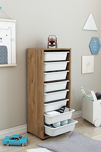 DEKOZUM KİDS 8 Sepetli Oyuncak Dolabı Organizer Saklama Depolama Box Çam-Beyaz