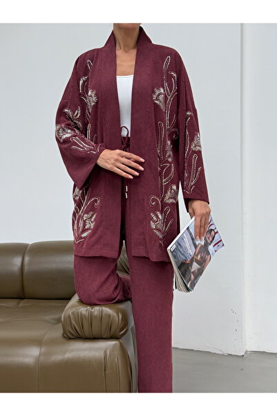 MİA NOURA Women's Kimono with Beaded Front and Sleeves, Velvet Fabric Kimono Pants Set
