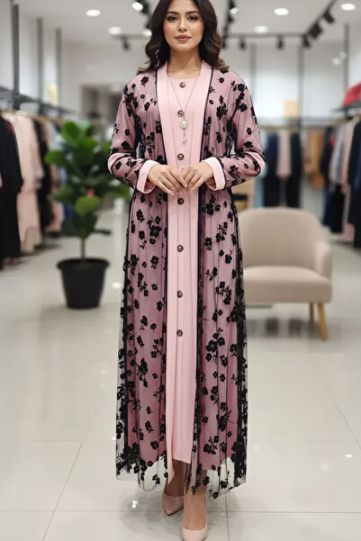 Muchmy Women 2 Pieces Abaya Dress Top Mesh Inner Dress Full Sleeves Belt Womens Arabic Long Abaya Set