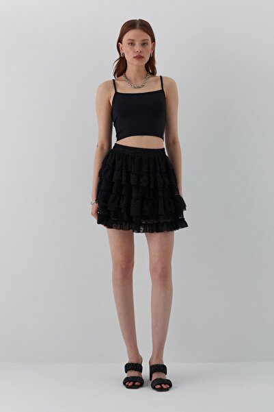 MARKALİSTE Tulle Ruffled Shorts Mini Skirt Black