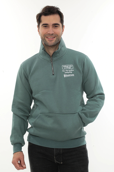 PHANTOM JEANS Ανδρικό φούτερ από βαμβάκι με μισό φερμουάρ και γιακά μπατό, κανονική εφαρμογή, κανονική εφαρμογή, με φλις εσωτερικά