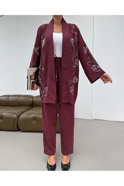 MİA NOURA Women's Kimono with Beaded Front and Sleeves, Velvet Fabric Kimono Pants Set