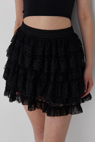 MARKALİSTE Tulle Ruffled Shorts Mini Skirt Black