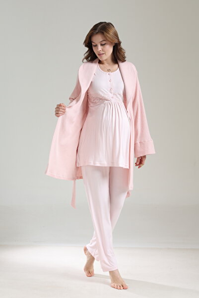 PREGNANT WORLD Women's Pink Special Design Jacquard Shawl Collar Long Sleeve Winter Maternity Pajama Set