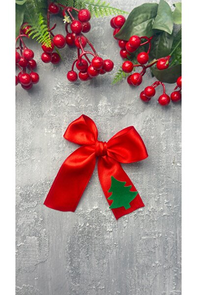 Toka Perisi Red Pine Tree Patterned Satin Ribbon Bow 6cm with Metal Clip