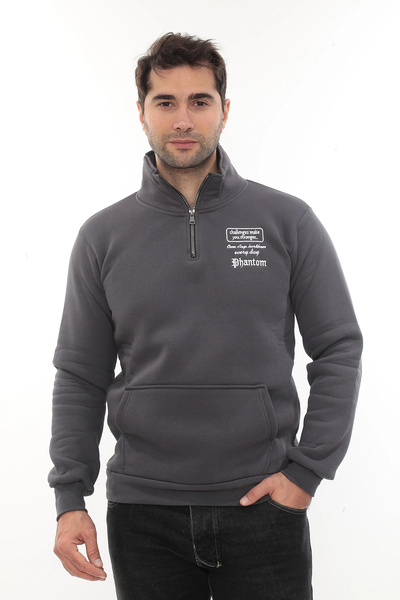 PHANTOM JEANS Ανδρικό φούτερ από βαμβάκι με καπνιστό στάνταρ κοψίματος κανονικής εφαρμογής με φλις εσωτερικά και μισό φερμουάρ και όρθιο γιακά Bato