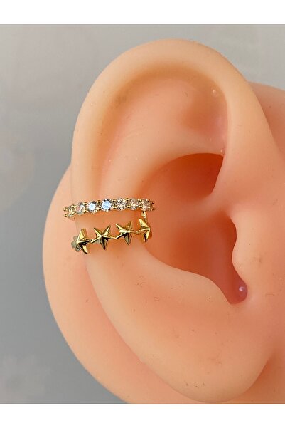 kurukafagift Zirkon Taşlı Earcuff Küpe Sıkıştırmalı Deliksiz Kullanım Yıldızlı Taşlı Model