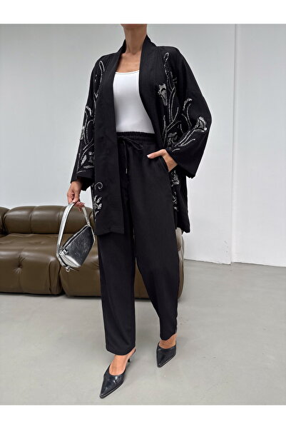 MİA NOURA Women's Kimono with Beaded Front and Sleeves, Velvet Fabric Kimono Pants Set