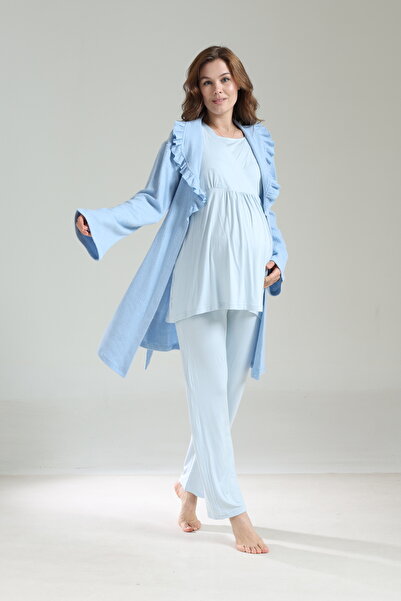 PREGNANT WORLD Women's Blue Special Design Jacquard Shawl Collar Long Sleeve Winter Maternity Pajama Set
